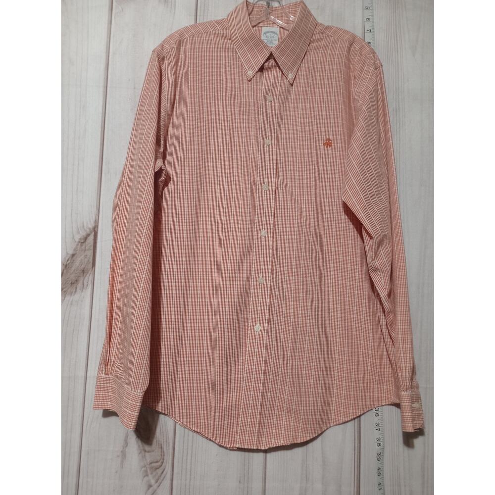 Brooks Brothers Shirt Mens Large Orange White Check Slim Fit Non Iron Cotton